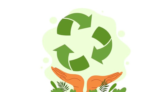 Recycling symbol loop animation above human hands with green leaves promoting ecological awareness and protection.