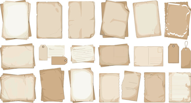 vintage old paper sheets collection damaged parchment notebooks postcards and craft labels set ai generated isolated vector illustration
