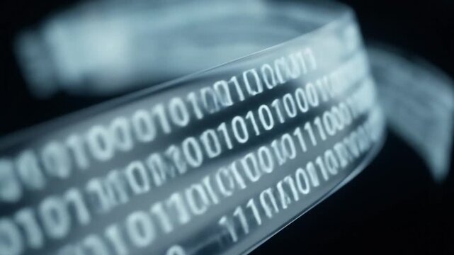 Glowing bands of translucent binary code stream through a dark digital void, representing flowing data and futuristic information processing in a sleek, high-tech animation.