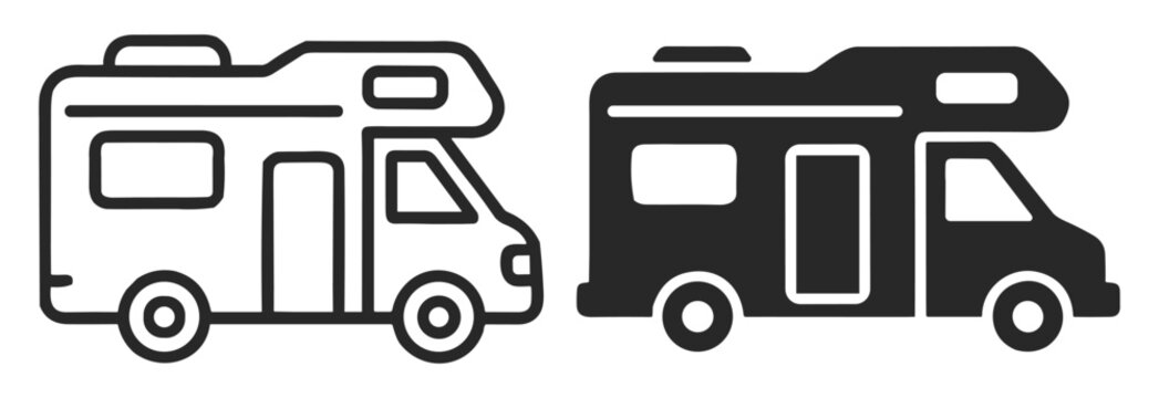 Black and white camper van line art and silhouette icon set isolated on white background on transparent background