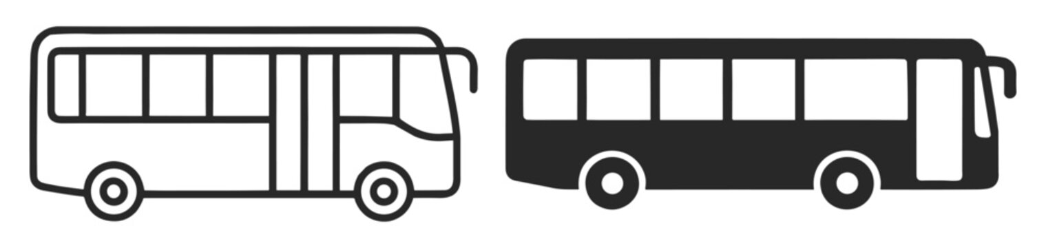 Black and white bus icons with windows and doors in profile view on transparent background