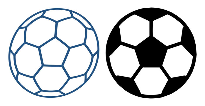Black and blue outline icons of soccer balls with pentagon and hexagon patterns on transparent background