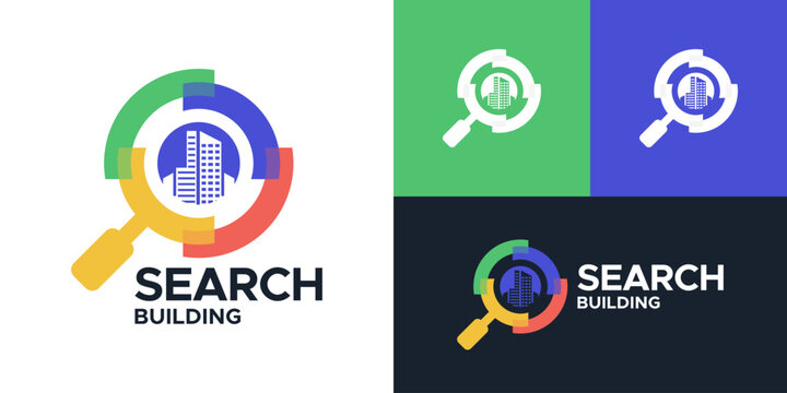 Colorful Magnifying Glass Logo for Property Search and Building Information, Modern Vector Icon Design for Real Estate Business and Architectural Firms