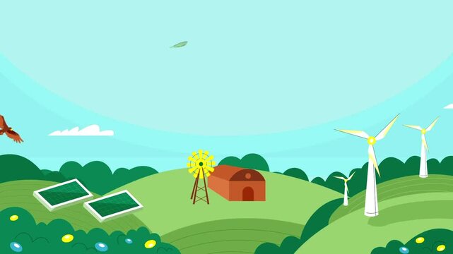 Renewable energy landscape animation featuring green hills with solar panels wind turbines and a barn under blue sky.