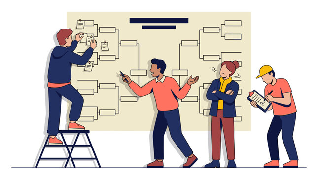 Professional sports tournament bracket graphic illustration with character icons and competition progression tiers tournament competition progression championship planning