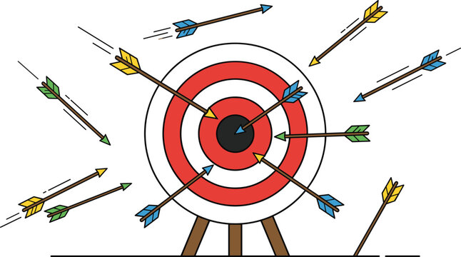 Archery Target Concept Vector Illustration with Multiple Flying and Stuck Arrows Representing Goal Achievement, Business Strategy, Success, and Performance Failure Risks