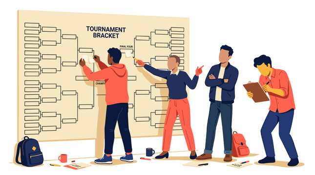 Visual tournament bracket layout featuring cartoon sports characters in a competition sequence tournament characters competition football championship knockout challenge