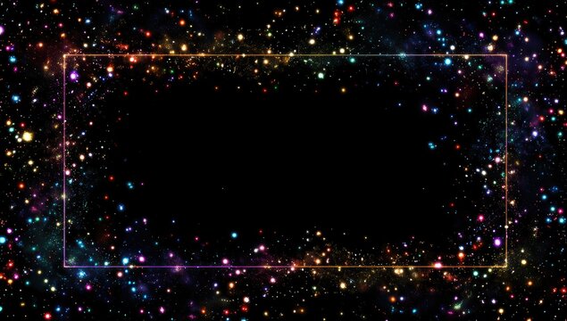 A vibrant, glittering background with a black rectangular space in the center, framed by a sparkling, colorful outline