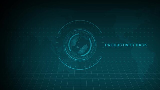 Futuristic productivity hack text display with rotating holographic globe animation on dark digital grid background for business tech presentations.