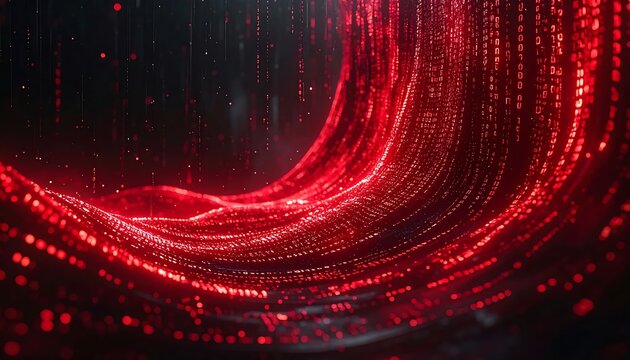Glowing Red Digital Data Stream Flowing Through Dark Abstract Space
