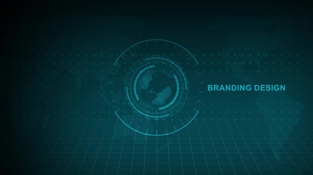 Futuristic holographic globe displays branding design on digital grid background motion graphics futuristic technology concept.