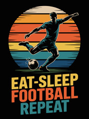 Obraz premium A silhouetted soccer player kicks a football against a retro sunset background.