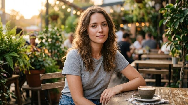 Young Woman Enjoying Coffee at an Outdoor Cafe in the Evening.