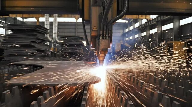 Industrial plasma cutter machine cutting metal plate in factory with sparks flying during the manufacturing process