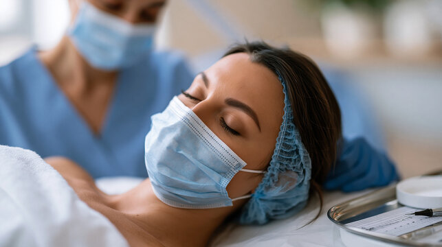 Cosmetic tattoo artist performing eyebrow microblading procedure on client lying on treatment table with pigment mixing palette mapping ruler and sterile needle tool arranged on