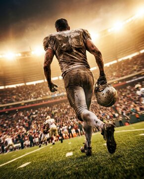 Muddy american football player carrying helmet while returning to stadium field. Concept of athlete endurance, comeback mindset, sports victory, match fatigue and game day drama.