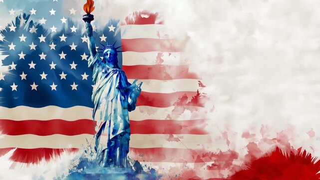 America 250 anniversary Statue of Liberty patriotic watercolor poster, United States freedom celebration with faded American flag, Independence Day national heritage artwork