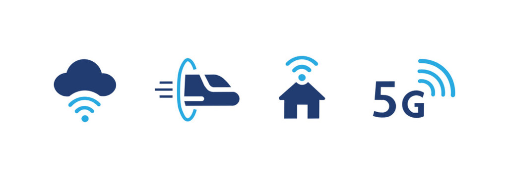 Technology icon set. Contains 5G, IoT, Hyperloop, and smart home icons. Solid icon pack.