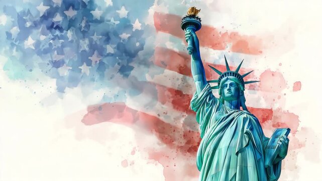 America 250 anniversary Statue of Liberty patriotic watercolor poster, United States freedom celebration with faded American flag, Independence Day national heritage artwork, 1776