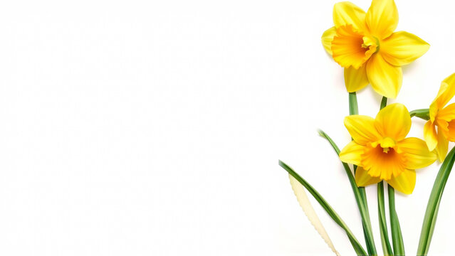 Yellow daffodils on white background with copy space
