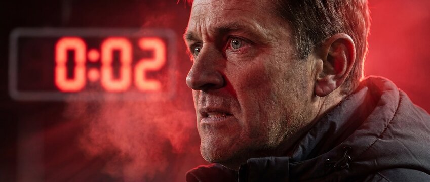 Tense american football coach near scoreboard with red game clock and cold breath. Concept of last seconds, sports pressure, coaching stress, timeout and critical decision. Banner