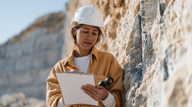 Quarry geologist maps rock face exposure at active limestone working, clipboard and hand lens used for structural analysis, extractive industry professional, geological mapping