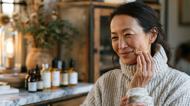 Middle-aged East Asian woman using gua sha stone tool across cheekbones at marble vanity counter with facial oil visible on fingertips arrangement of botanical serums nearby and