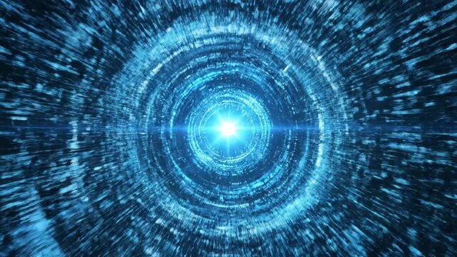 Vibrant blue light tunnel effect swirls around a glowing center