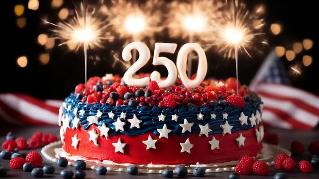 Patriotic 250 years anniversary cake with red white blue frosting and sparkler candles, America birthday celebration dessert, Fourth of July party food, USA