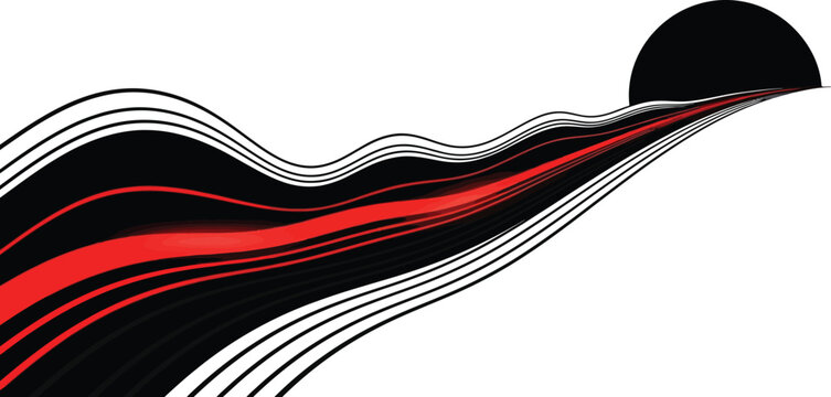 Abstract black and red wavy lines with a dark circle