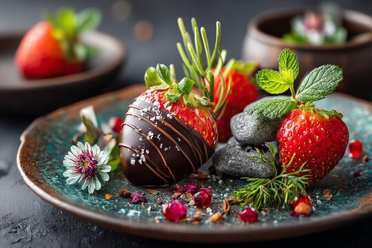 Chocolate covered strawberries on a decorative plate.