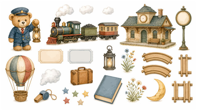 Railway Watercolor Clipart Collection with Train Station, Steam Locomotive Conductor, Teddy Bear Hot Air Balloon, Suitcase Tickets, and Travel Elements