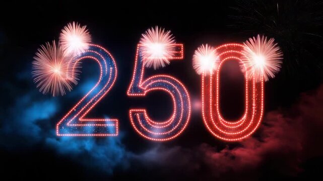Patriotic 250 years anniversary celebration with fireworks and American colors, United States semiquincentennial 2026, red white blue glowing typography, Independence Day