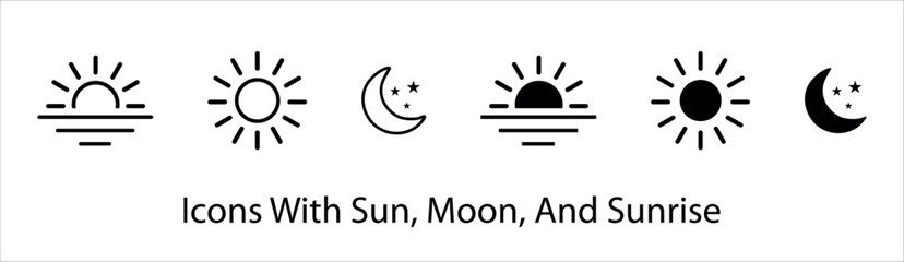 Time of the day icon. Morning, noon, and nighttime icons. Sun, moon, and sunrise, icons vector illustration	