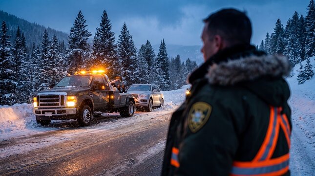 State police officer at the scene of a winter highway vehicle recovery.