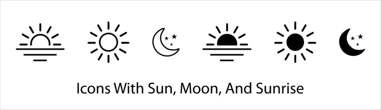 Time of the day icon. Morning, noon, and nighttime icons. Sun, moon, and sunrise, icons vector illustration	