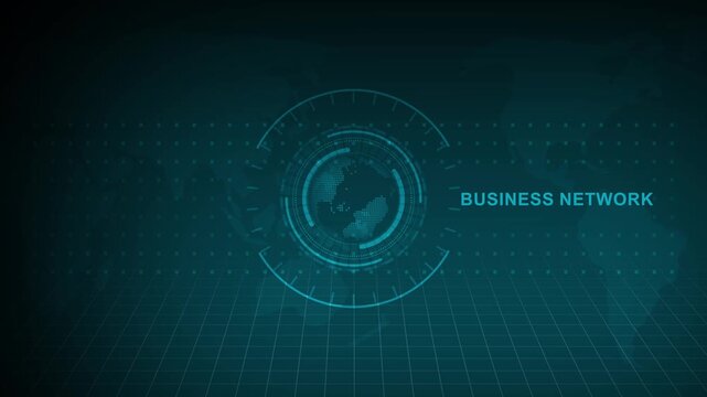 Futuristic digital world globe motion graphic displaying business network text on glowing interface with hi-tech data grid and blue light.