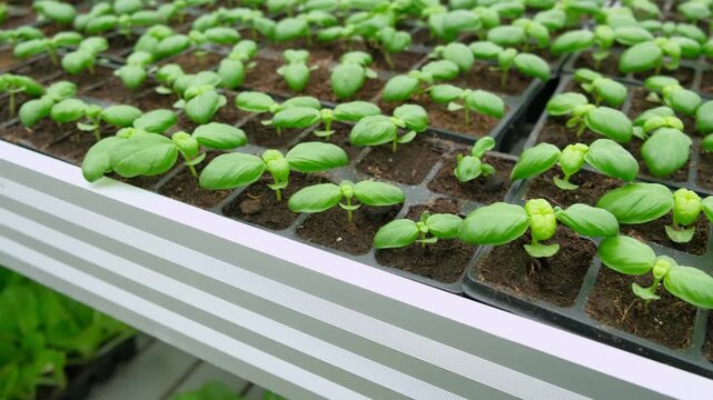 Microgreen business. Starting basil seedlings, small green sprouting plants in moist soil, nursery cells, developing leaf pairs. Herb growth. Plant nurturing from seed. Organic eco gardening ventures.
