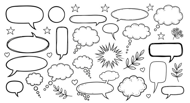 Black and white illustration of various comic book style speech bubbles and thought clouds