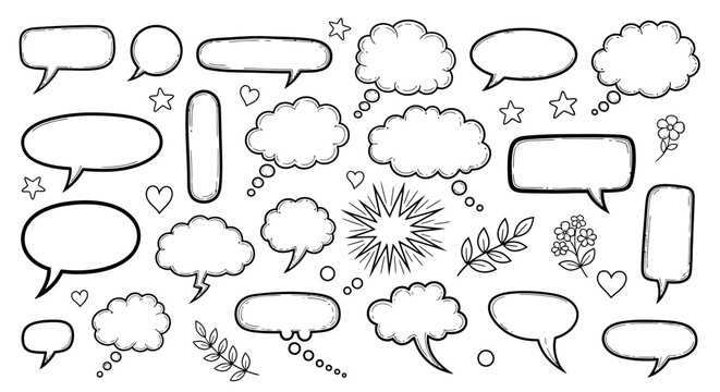 A collection of various comic book style speech bubbles and thought clouds with hearts stars and leaves