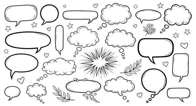 A black and white illustration of various comic book style speech bubbles and thought clouds