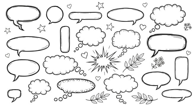 A black and white illustration of various comic book style speech bubbles and thought clouds with decorative elements