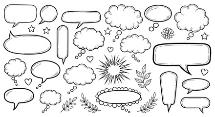 Obraz premium A black and white illustration of various comic book style speech bubbles and thought clouds