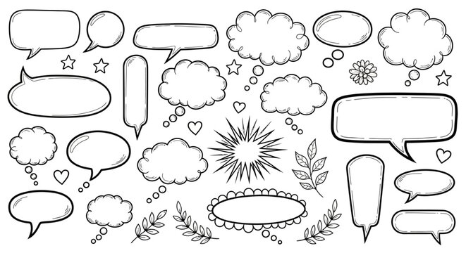A black and white illustration of various comic book style speech bubbles and thought clouds