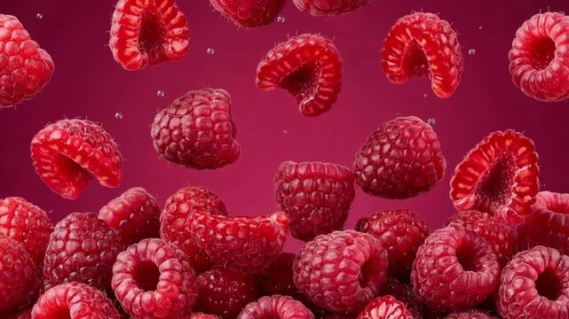 Fresh Ripe Raspberries Falling and Floating in Slow Motion Against a Deep Red Background