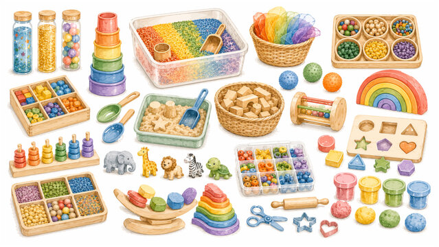 Preschool Sensory Play Club Watercolor Clipart Collection with Rainbow Toys, Wooden Blocks, Sorting Activities, Fine Motor Learning, and Educational Play