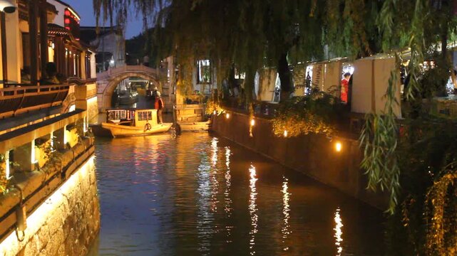 Evening view of a water canal in Suzhou, Jiangsu province, China