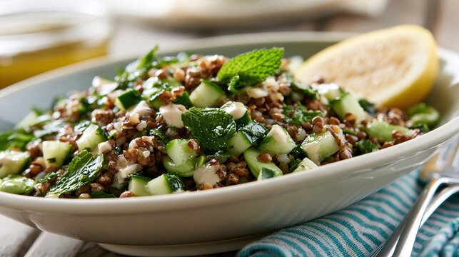Salade de lentilles fra&icirc;che aux herbes et concombre dans un bol blanc