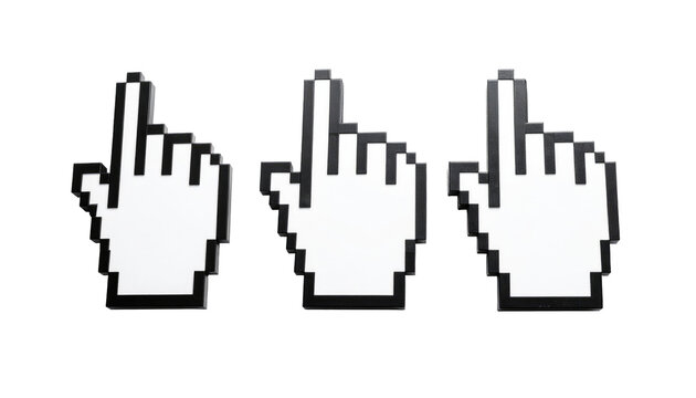 Three pixelated hand-shaped computer cursors pointing upwards. Each is white with a black outline, positioned on a black background