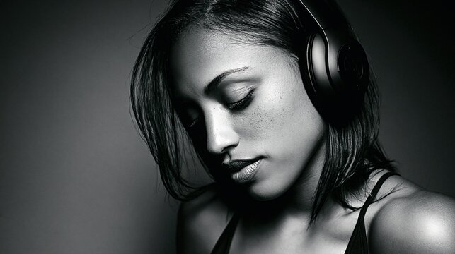 Jeune femme &eacute;coutant de la musique avec un casque audio en noir et blanc
